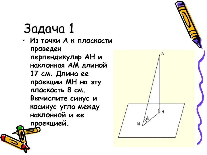 Задача 1 Из точки А к плоскости проведен перпендикуляр АН и наклонная АМ