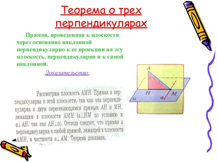 Теорема о трех перпендикулярах Прямая, проведенная к плоскости через основание наклонной перпендикулярно к