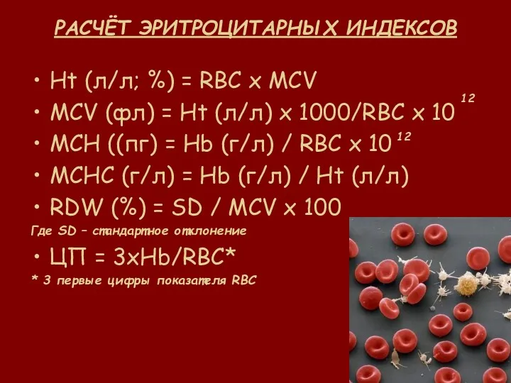 РАСЧЁТ ЭРИТРОЦИТАРНЫХ ИНДЕКСОВ Ht (л/л; %) = RBC x MCV