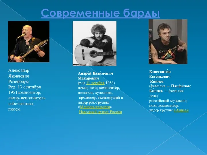 Современные барды Александр Яковлевич Розенбаум Род. 13 сентября 1951композитор, автор-исполнитель