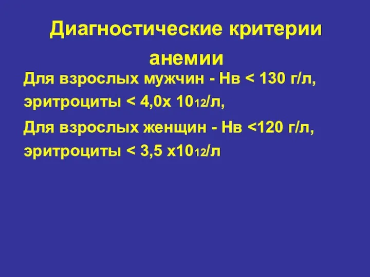 Диагностическиe критерии анемии Для взрослых мужчин - Нв Для взрослых женщин - Нв