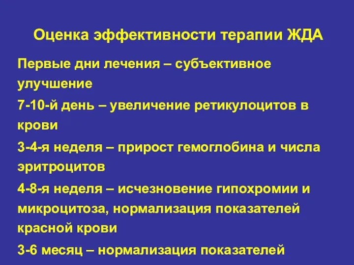 Оценка эффективности терапии ЖДА Первые дни лечения – субъективное улучшение