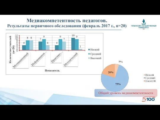 Медиакомпетентность педагогов. Результаты первичного обследования (февраль 2017 г., n=20) Общий уровень медиакомпетентности