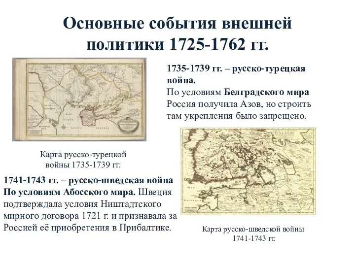Основные события внешней политики 1725-1762 гг. 1735-1739 гг. – русско-турецкая