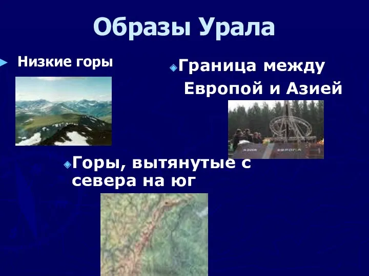Образы Урала Низкие горы Горы, вытянутые с севера на юг Граница между Европой и Азией