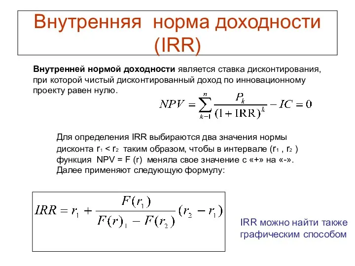 Внутренняя норма доходности (IRR) Внутренней нормой доходности является ставка дисконтирования, при которой чистый
