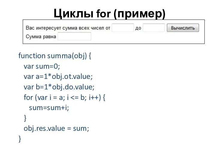 Циклы for (пример) function summa(obj) { var sum=0; var a=1*obj.ot.value; var b=1*obj.do.value; for