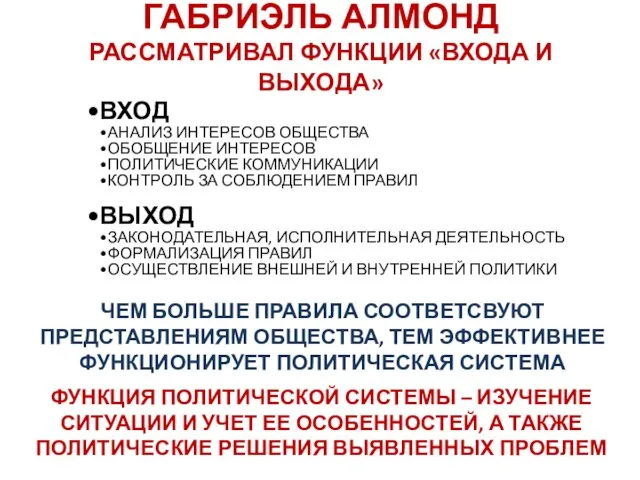 ГАБРИЭЛЬ АЛМОНД РАССМАТРИВАЛ ФУНКЦИИ «ВХОДА И ВЫХОДА» ВХОД АНАЛИЗ ИНТЕРЕСОВ