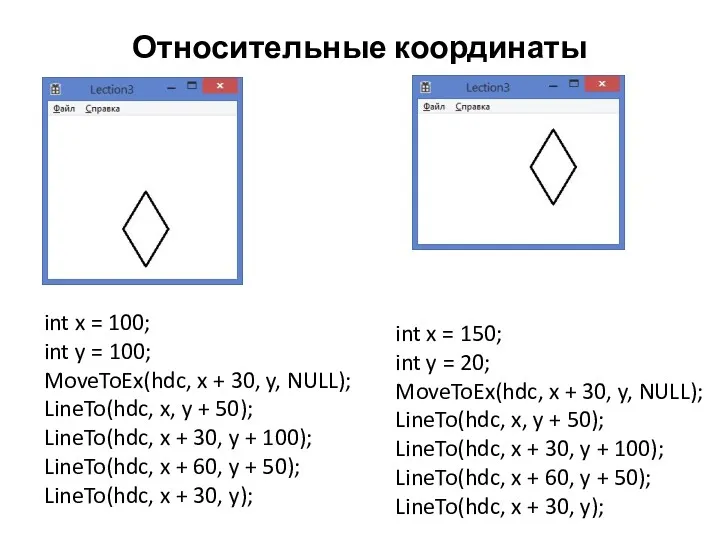 Относительные координаты int x = 100; int y = 100;
