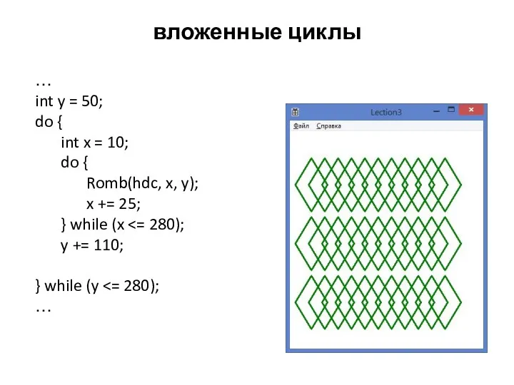 вложенные циклы … int y = 50; do { int