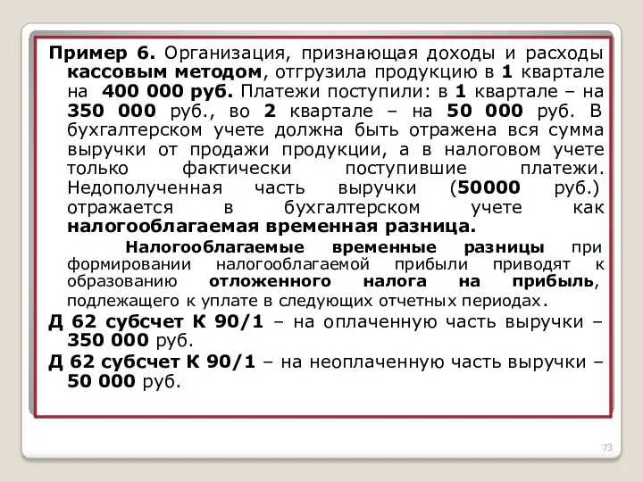 Пример 6. Организация, признающая доходы и расходы кассовым методом, отгрузила