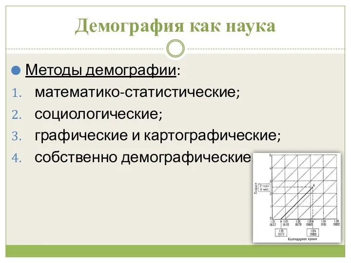 Демография как наука Методы демографии: математико-статистические; социологические; графические и картографические; собственно демографические.