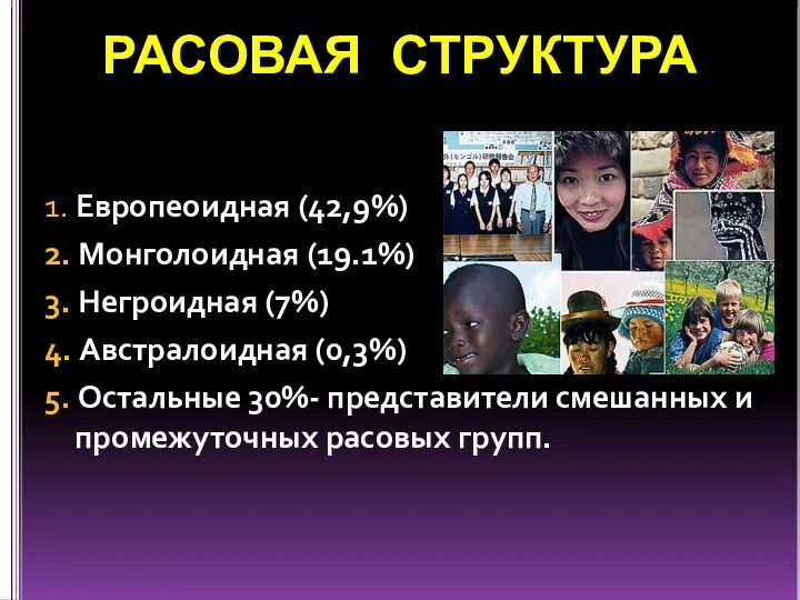 РАСОВАЯ СТРУКТУРА 1. Европеоидная (42,9%) 2. Монголоидная (19.1%) 3. Негроидная