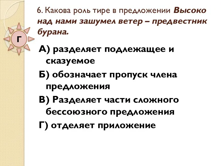 6. Какова роль тире в предложении Высоко над нами зашумел