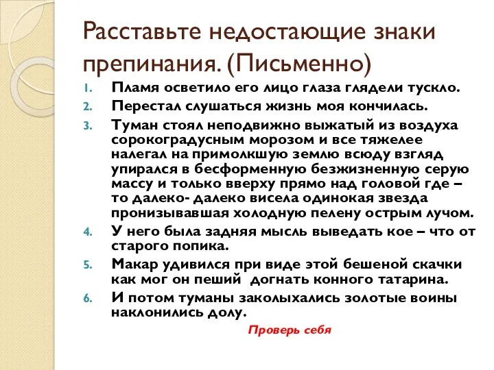 Расставьте недостающие знаки препинания. (Письменно) Пламя осветило его лицо глаза