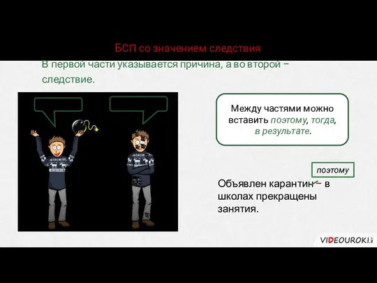 БСП со значением следствия В первой части указывается причина, а