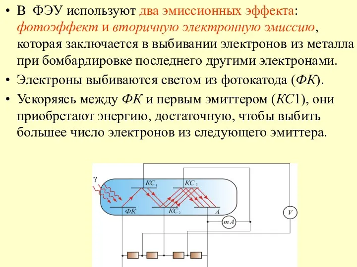 В ФЭУ используют два эмиссионных эффекта: фотоэффект и вторичную электронную