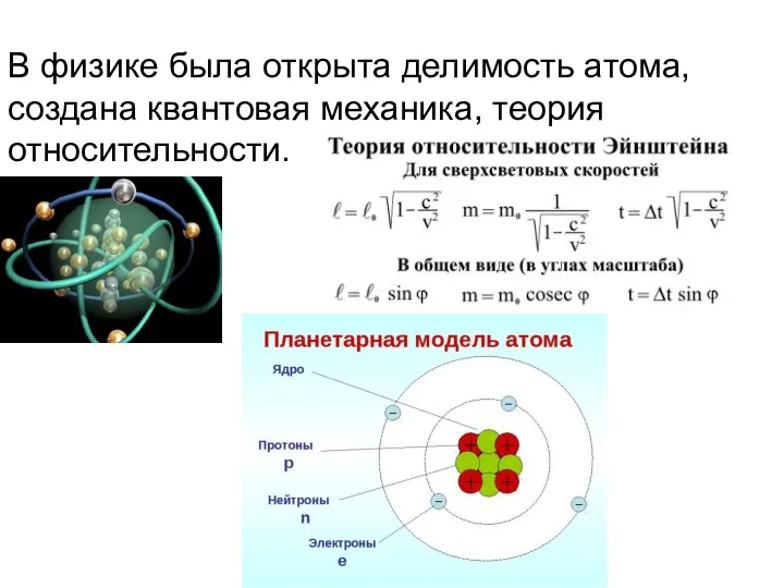 В физике была открыта делимость атома, создана квантовая механика, теория относительности.