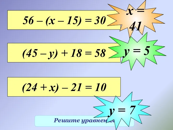 Решите уравнения 56 – (х – 15) = 30 х