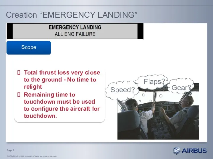 Creation “EMERGENCY LANDING” Scope Total thrust loss very close to