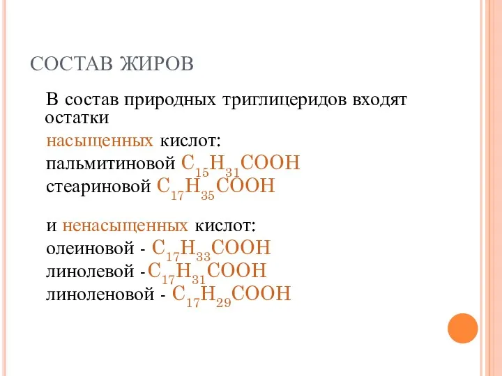 СОСТАВ ЖИРОВ В состав природных триглицеридов входят остатки насыщенных кислот: