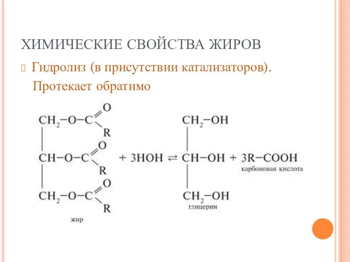 ХИМИЧЕСКИЕ СВОЙСТВА ЖИРОВ Гидролиз (в присутствии катализаторов). Протекает обратимо