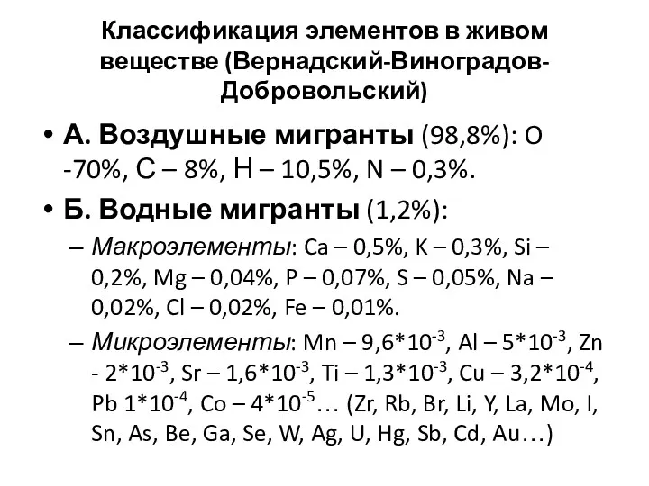 Классификация элементов в живом веществе (Вернадский-Виноградов-Добровольский) А. Воздушные мигранты (98,8%):