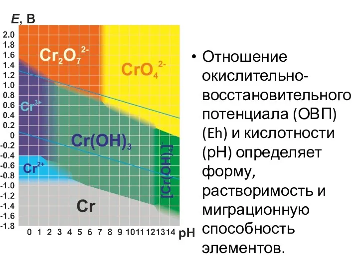 Отношение окислительно-восстановительного потенциала (ОВП) (Eh) и кислотности (рН) определяет форму, растворимость и миграционную способность элементов.