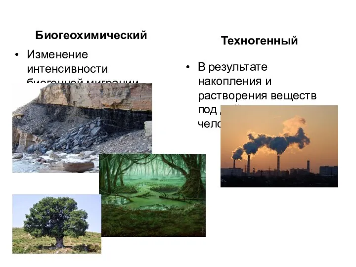 Биогеохимический Изменение интенсивности биогенной миграции Техногенный В результате накопления и растворения веществ под действием человека.