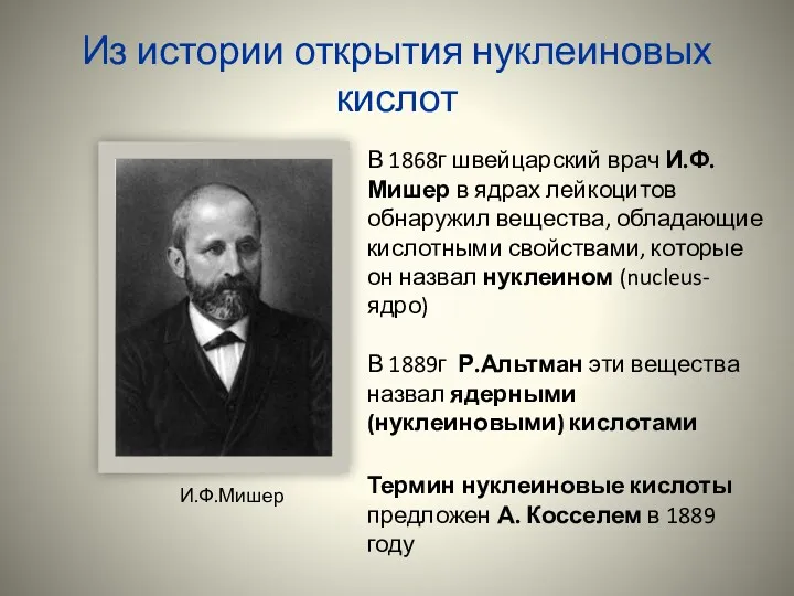 Из истории открытия нуклеиновых кислот В 1868г швейцарский врач И.Ф.Мишер