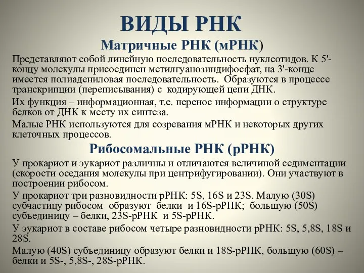 ВИДЫ РНК Матричные РНК (мРНК) Представляют собой линейную последовательность нуклеотидов.