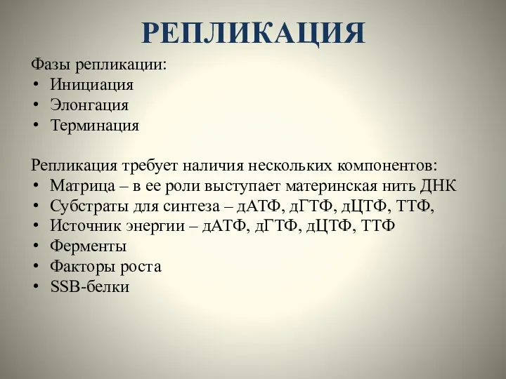 РЕПЛИКАЦИЯ Фазы репликации: Инициация Элонгация Терминация Репликация требует наличия нескольких