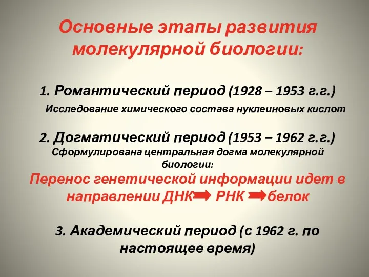 Основные этапы развития молекулярной биологии: 1. Романтический период (1928 –