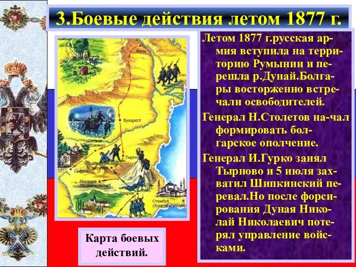 Карта боевых действий. Летом 1877 г.русская ар-мия вступила на терри-торию