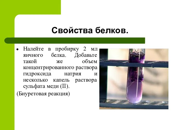 Свойства белков. Налейте в пробирку 2 мл яичного белка. Добавьте