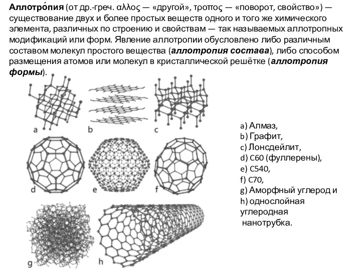 a) Алмаз, b) Графит, c) Лонсдейлит, d) C60 (фуллерены), e)