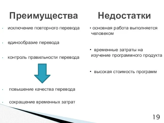 исключение повторного перевода единообразие перевода контроль правильности перевода повышение качества