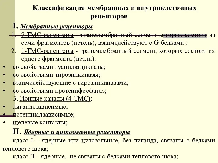 Классификация мембранных и внутриклеточных рецепторов І. Мембранные рецепторы 7-ТМС-рецепторы -