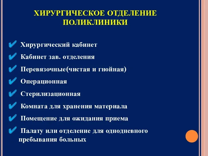 ХИРУРГИЧЕСКОЕ ОТДЕЛЕНИЕ ПОЛИКЛИНИКИ Хирургический кабинет Кабинет зав. отделения Перевязочные(чистая и