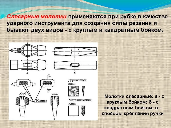 Слесарные молотки применяются при рубке в качестве ударного инструмента для