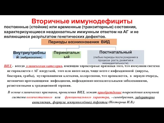 Вторичные иммунодефициты ВИД - всегда клиническая категория, имеющая характерные признаки того, что иммунная