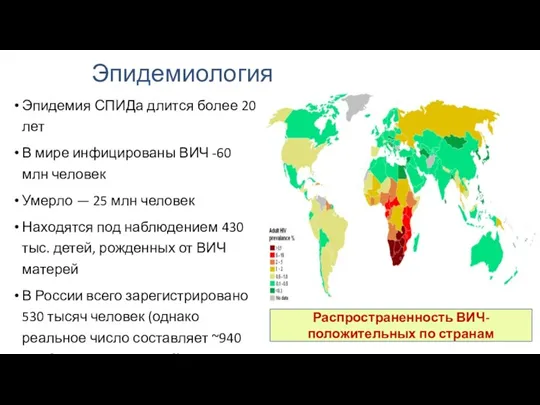 Эпидемиология Эпидемия СПИДа длится более 20 лет В мире инфицированы ВИЧ -60 млн