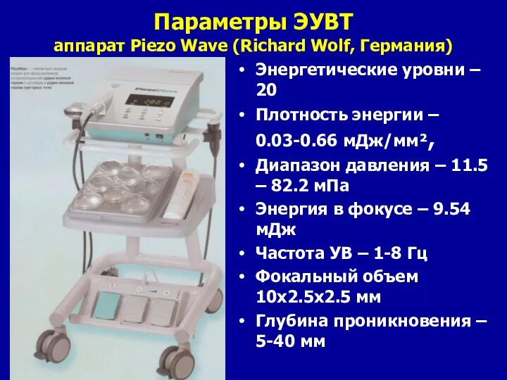 Параметры ЭУВТ аппарат Piezo Wave (Richard Wolf, Германия) Энергетические уровни