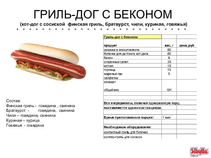 ГРИЛЬ-ДОГ С БЕКОНОМ (хот-дог с сосиской финская гриль, братвурст, чили,