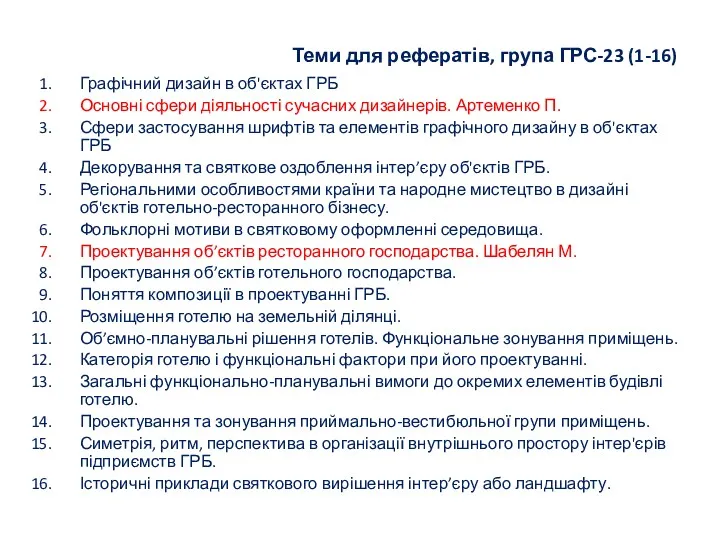 Теми для рефератів, група ГРС-23 (1-16) Графічний дизайн в об'єктах