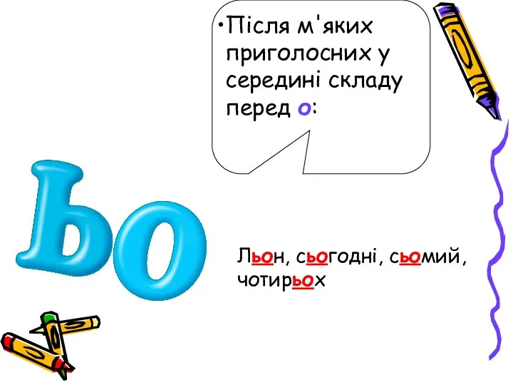 Після м'яких приголосних у середині складу перед о: Льон, сьогодні, сьомий, чотирьох