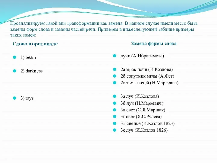 Проанализируем такой вид трансформации как замена. В данном случае имели