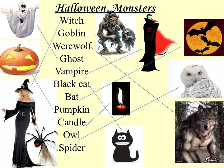Halloween Monsters Witch Goblin Werewolf Ghost Vampire Black cat Bat Pumpkin Candle Owl Spider