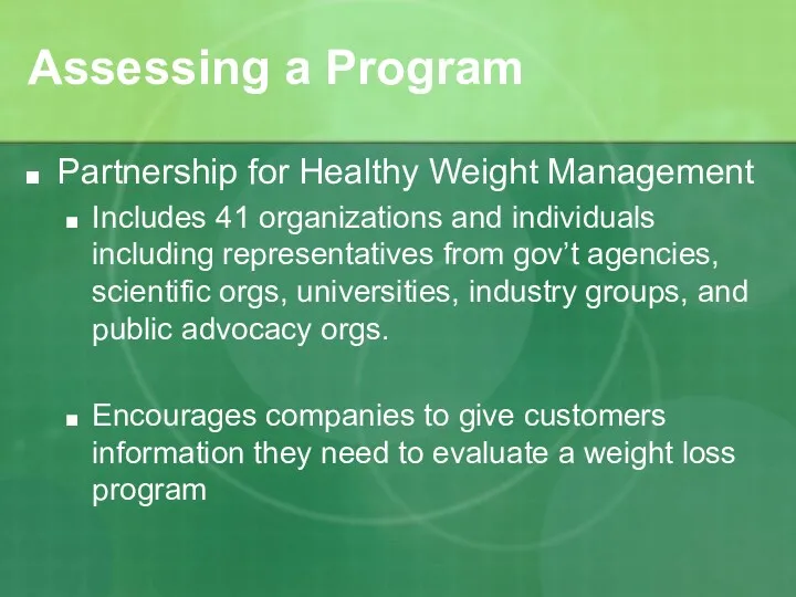 Assessing a Program Partnership for Healthy Weight Management Includes 41