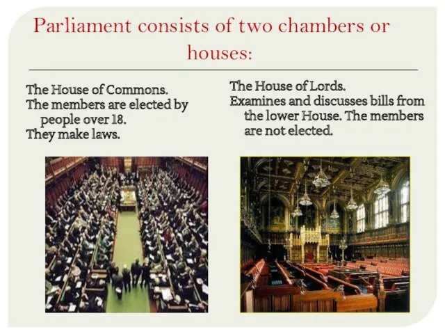 Parliament consists of two chambers or houses: The House of Commons. The members